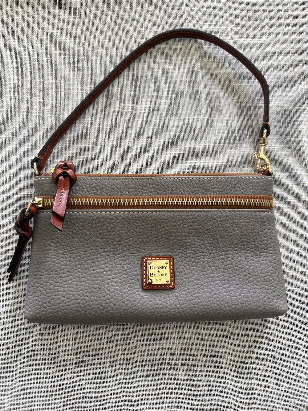 Dooney & Bourke Grey Pebbled Leather Wristlet with Brown Strap NWT